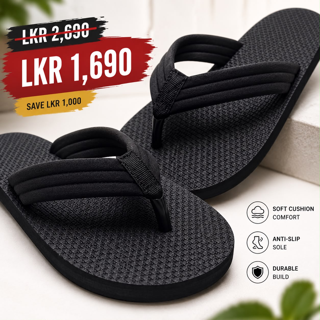 Black casual v strap slippers